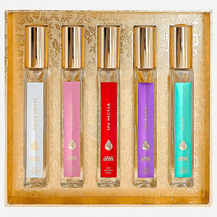 Luxury gift set of L'EAU DE SPA Discovery Collection 5x10 ml. Royal Parfum and Spa Perfume set from Karlovy Vary, Czech Republic. White Velvet, Eau Divine, Spa Nectar, Charisma, and Vivid. Travel perfume set.
