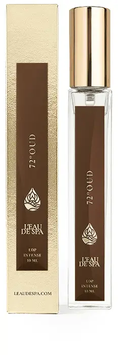 72° OUD 10ml travel size niche perfume flacon and luxury gold box by L'EAU DE SPA.